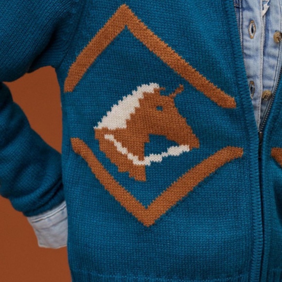 TINY ANTHROPOLOGIE TURQUOISE BLUE FULL ZIP HORSE THEME CARDIGAN SWEATER SZ XS - Picture 8 of 8
